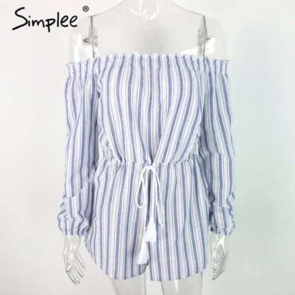 Simplee Apparel Blue And White Pinstripes Off the Shoulder Romper Women L - Picture 5 of 9
